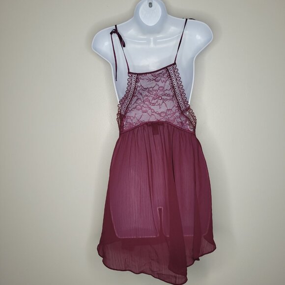 Victoria's Secret burgundy lace semi sheer slip dress tie straps size xl sexy - Picture 2 of 5